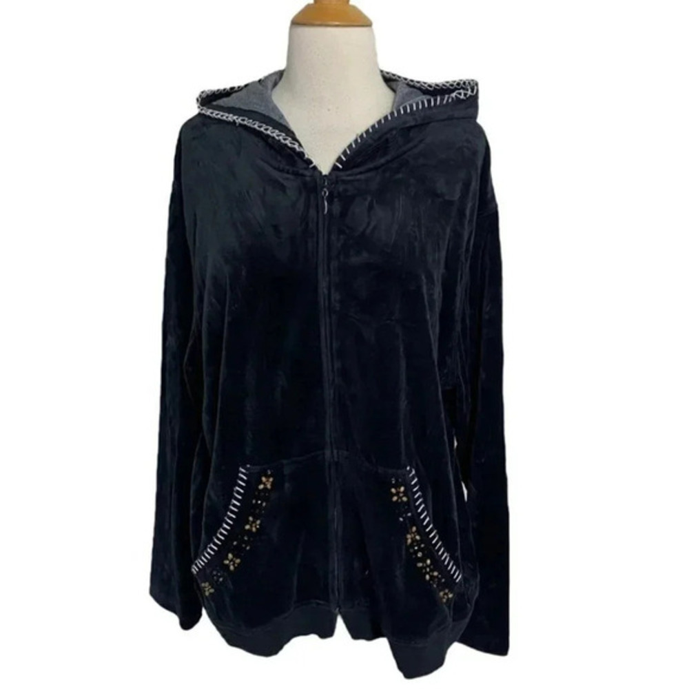Vintage Jane Ashley 1X black velvet zip hoodie with beaded pockets